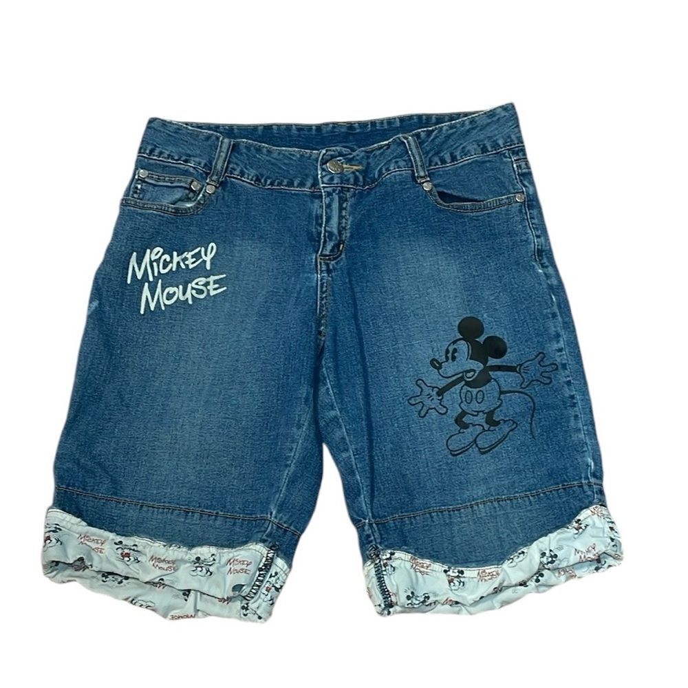 Disney Mickey Mouse Cuffed Blue Jean Shorts, embroidered,  Small 3/5